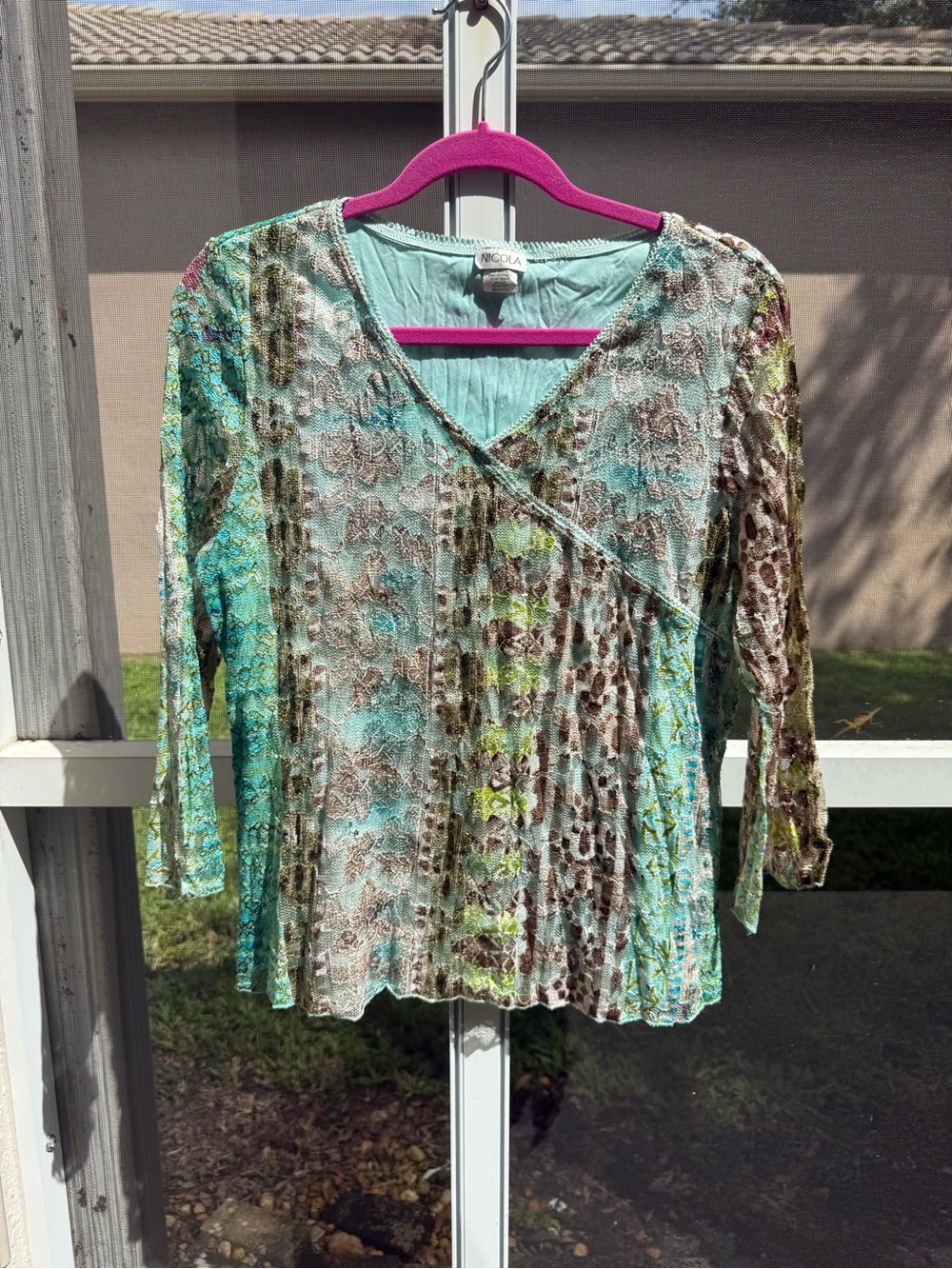 Vintage NICOLA Teal and Brown Mixed-Print V-Neck Blouse